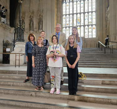 The photograph shows John meeting with the Billericay Youth Town Councillors [Freya Ramsay, George Wood, Emily Jackson-Bridge, Stacie-Louise King, Town Cllr Jo Clark and Town Clerk Deborah Tonkiss] in Westminster Hall 