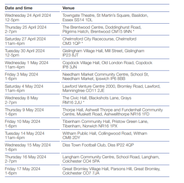 Details the dates and locations of public information events